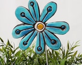 Abstract Flower sculpture -  home decor - garden sculpture - ceramic and metal - garden art - plant stake - daisy turquoise
