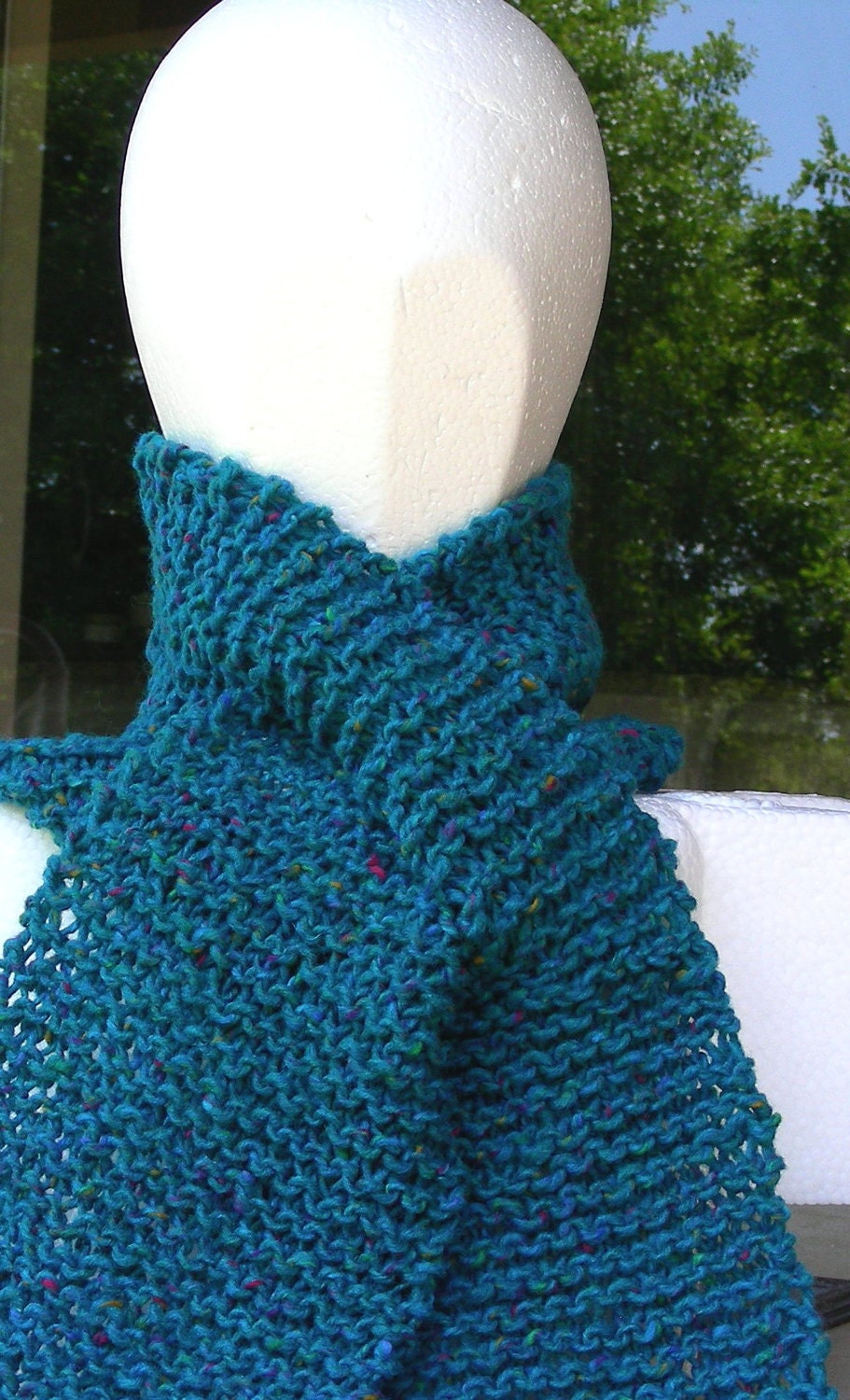 Keyhole Scarf, slot scarf, slit scarf, hand knit in teal blue tweed flecks of neon green and bright pink