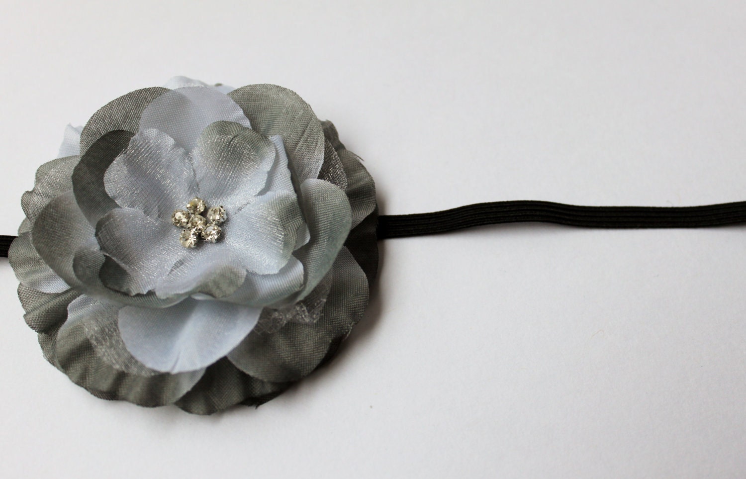 Smoky Grey, White and Black Crystal Flower Elastic Infant Headband - MackyMom