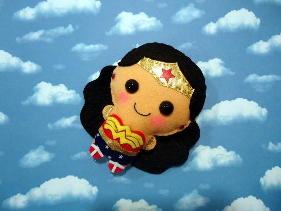 Wonder Woman felt plush doll in a kawaii style - use as pin, keychain, magnet or Christmas ornament ( your choice )