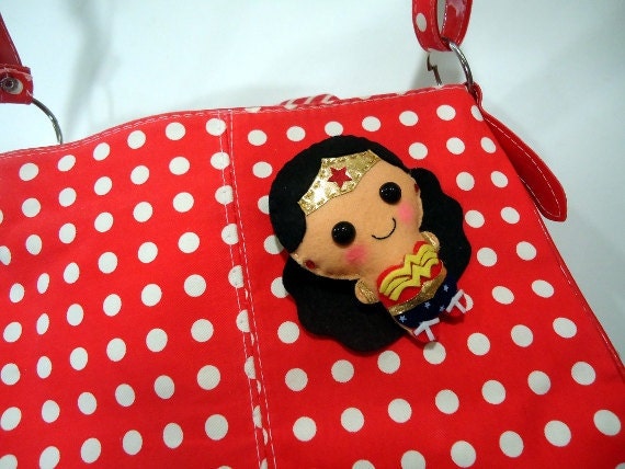 Wonder Woman felt plush doll in a kawaii style - use as pin, keychain, magnet or Christmas ornament ( your choice )