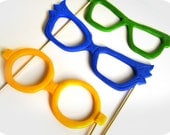 Plastic Photobooth Props for Wedding Photo Booth - 3 piece set- Color plastic Glasses on sticks