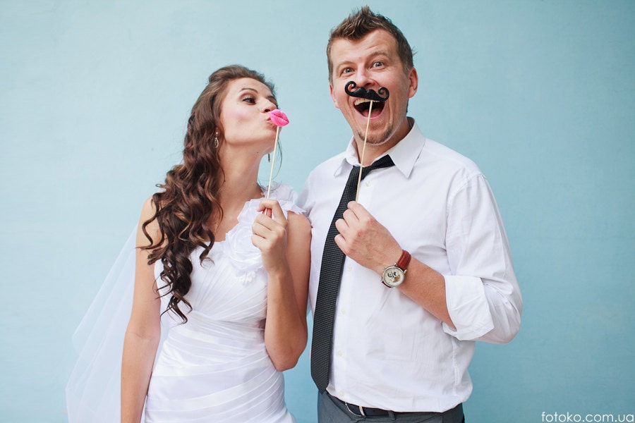Plastic Mustaches, lips, glasses, bow ties and beard - Set of 17 Photobooth Props Set  - Wedding, party photobooth props