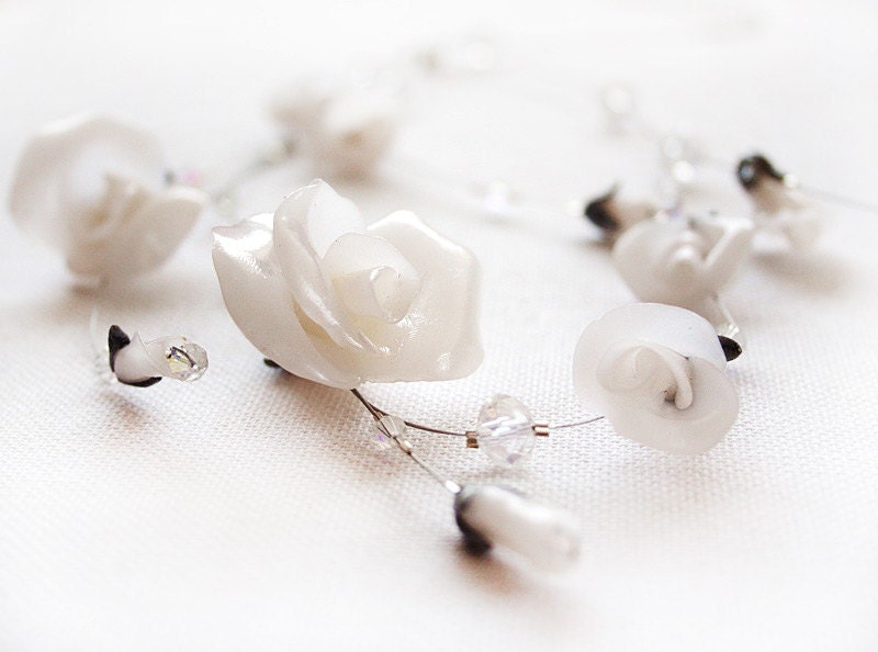Bridal White Roses and Swarovski necklace - NESWeddingGarden