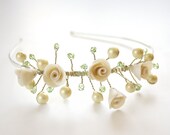 Floral Bridal asymmetry tiara Wedding hair accessories Polymer clay roses Swarovski Glass pearls Wedding headband Made in Israel