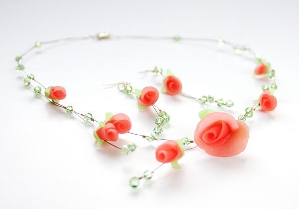 Bridal necklace - Wedding necklace and earrings jewelry set - Coral Pink Roses and green crystals - Polymer clay Israel