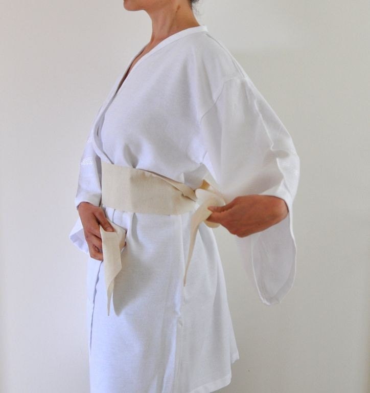 White Cotton Bathrobe Wearable Turkish Bath Towel Peshtemal Kimono Robe Eco Friendly Obi Belt Caftan Pure Elegant Angelic Minimalist