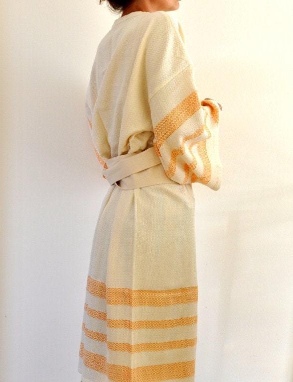 Robe Peshtemal Bath Robe Kimono Robe Caftan Turkish Bath Towel Long Extra Soft Cotton Obi Belt Ivory Orange Coral Eco Friendly Gifts