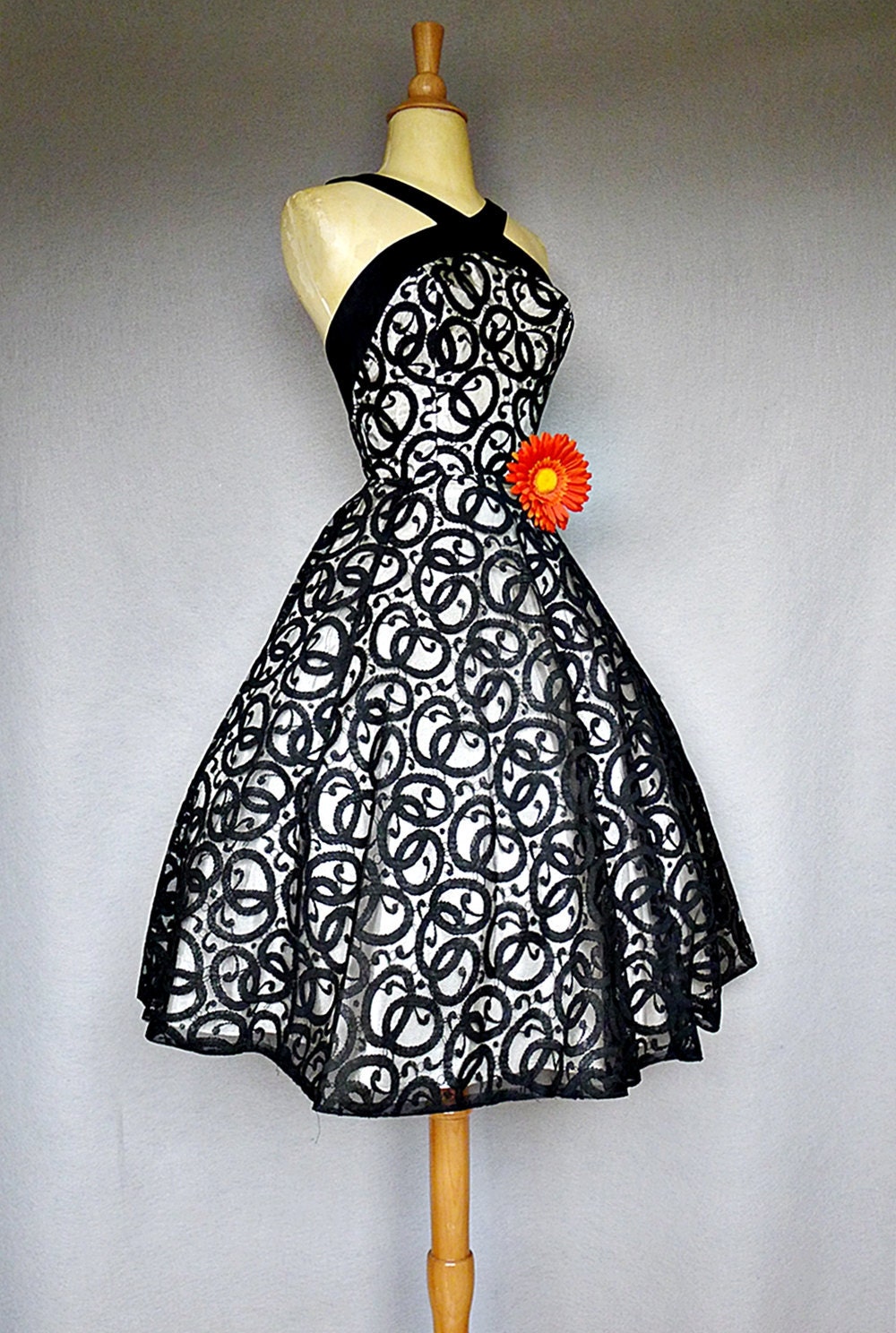50s party dress / black illusion lace 1950s dress