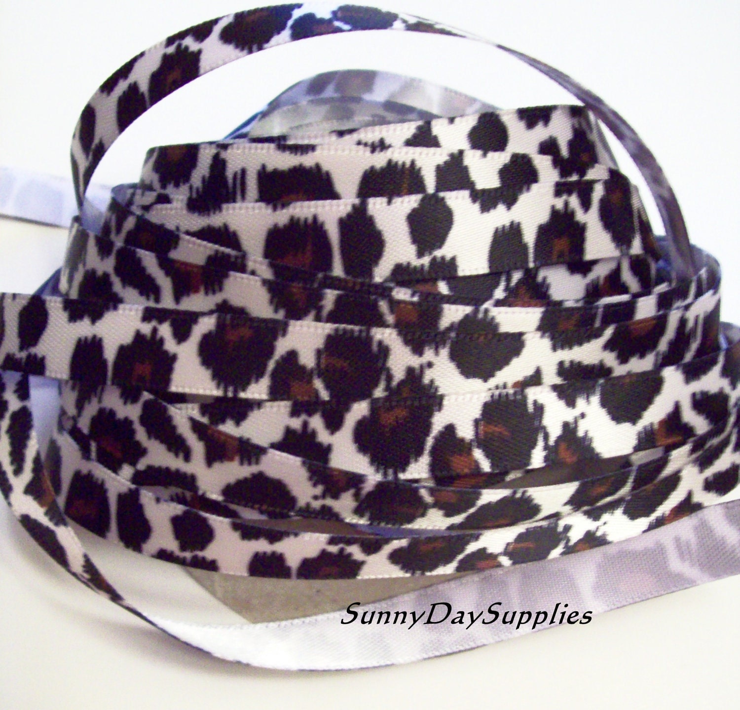 Satin Cheetah Print  Ribbon in White Brown and Black.  2 yards  3/8 inch wide