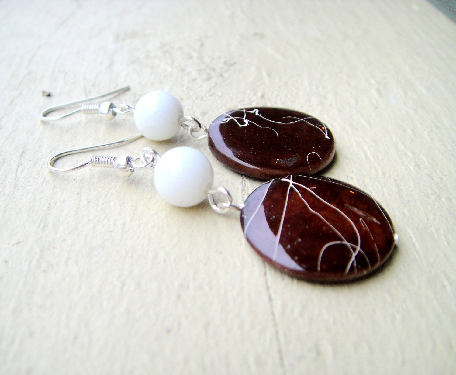 Chocolate Earrings, Mocha Disks and White Glass Bead - White Chocolate Drizzle