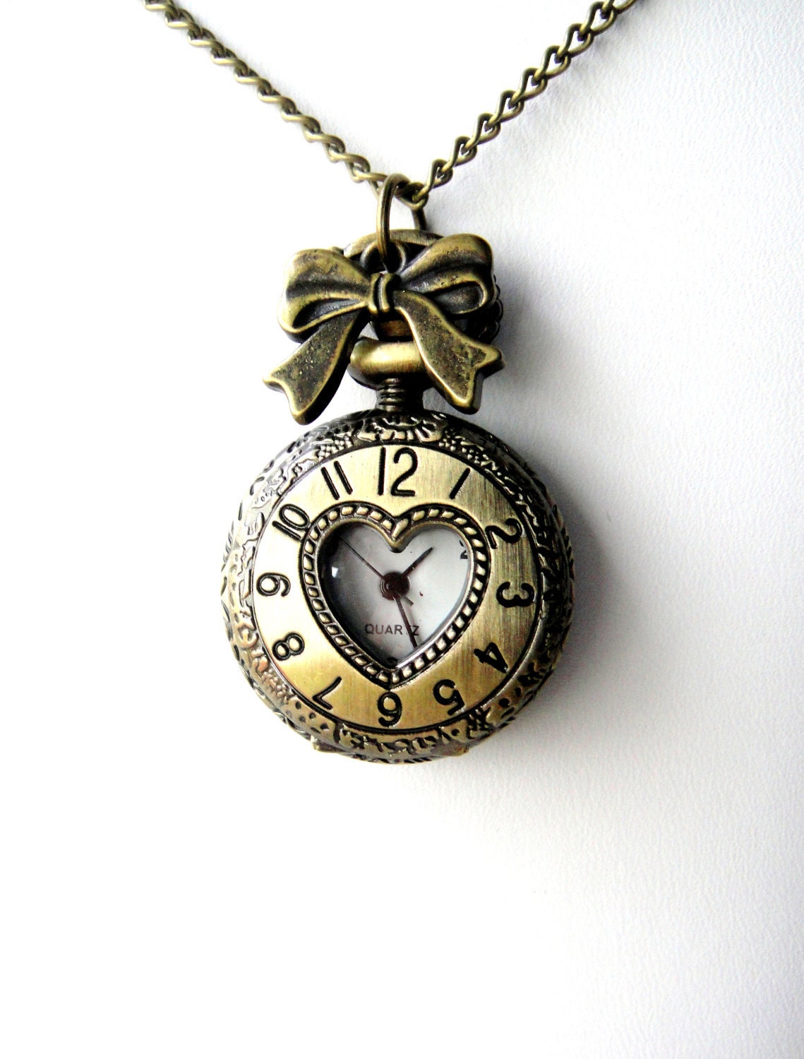 Pocket Watch Necklace - Heart Face Pocket Watch and Bow Charm - Steampunk Pocket Watch