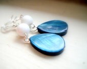 Navy Blue Earrings - Navy Blue Tear Bead and Matte White Pearl - Nautical Earrings, Navy Earrings, Blue Dangle