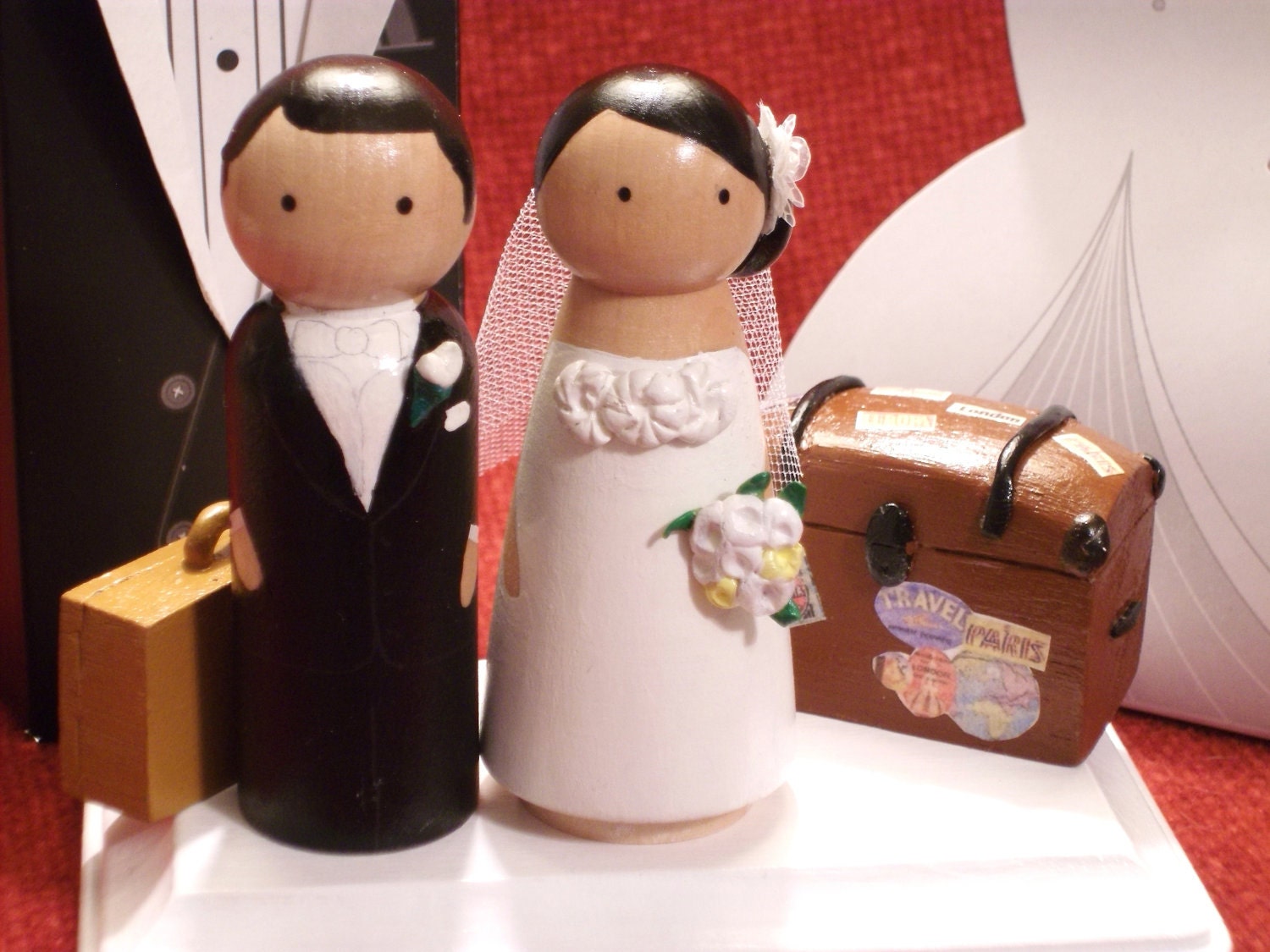 Custom Cake Topper - Personalized Wood Doll Topper -Vintage Travel Theme---3-D Accents