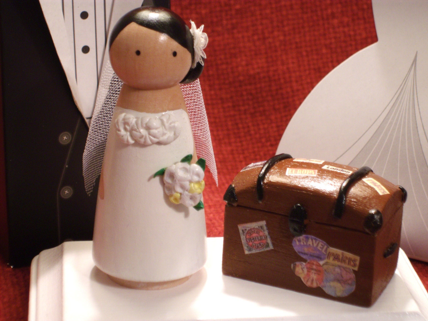 Custom Cake Topper - Personalized Wood Doll Topper -Vintage Travel Theme---3-D Accents