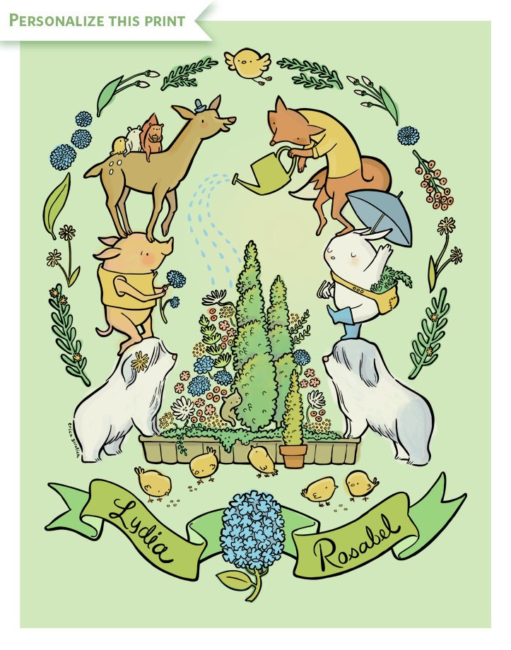 Personalized Children's Print, Sleepy Heap Wood, 11" by 14"