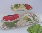 TWO TIERED Pedestal Dessert Plate and Bowl--Botanical Floral--Horsdoeuvre Plate, Serving Plate, Chip-n-Dip