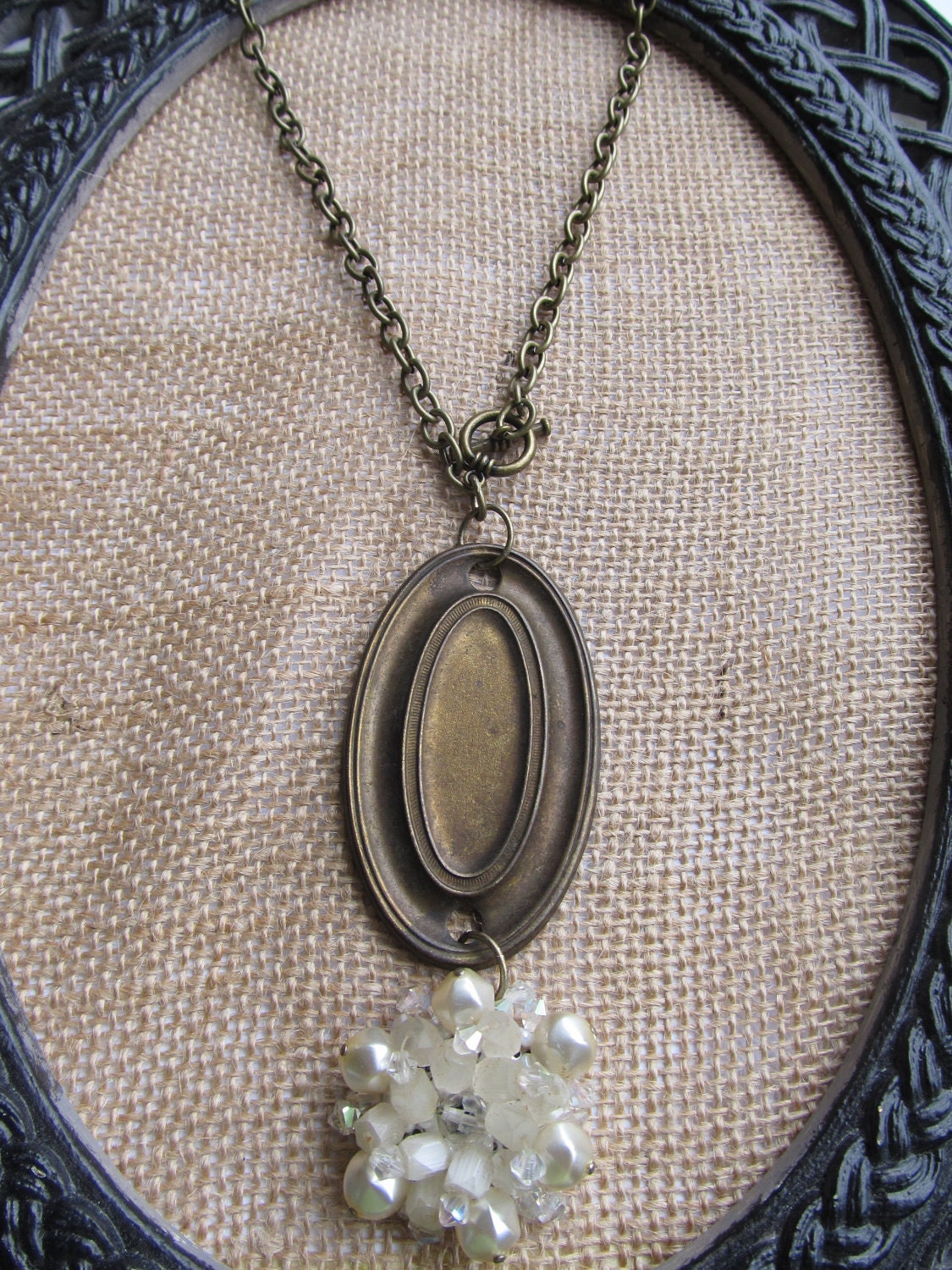 Vintage Necklace--Door Plate with Pearl and Bead Drop. As featured in Country Living Magazine.