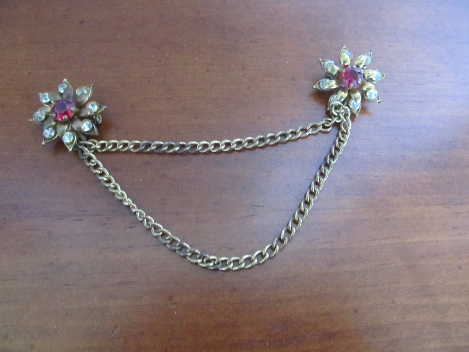 Vintage Sweater Guard/Clip--Gold Flower with Stones--Sweater Jewelry