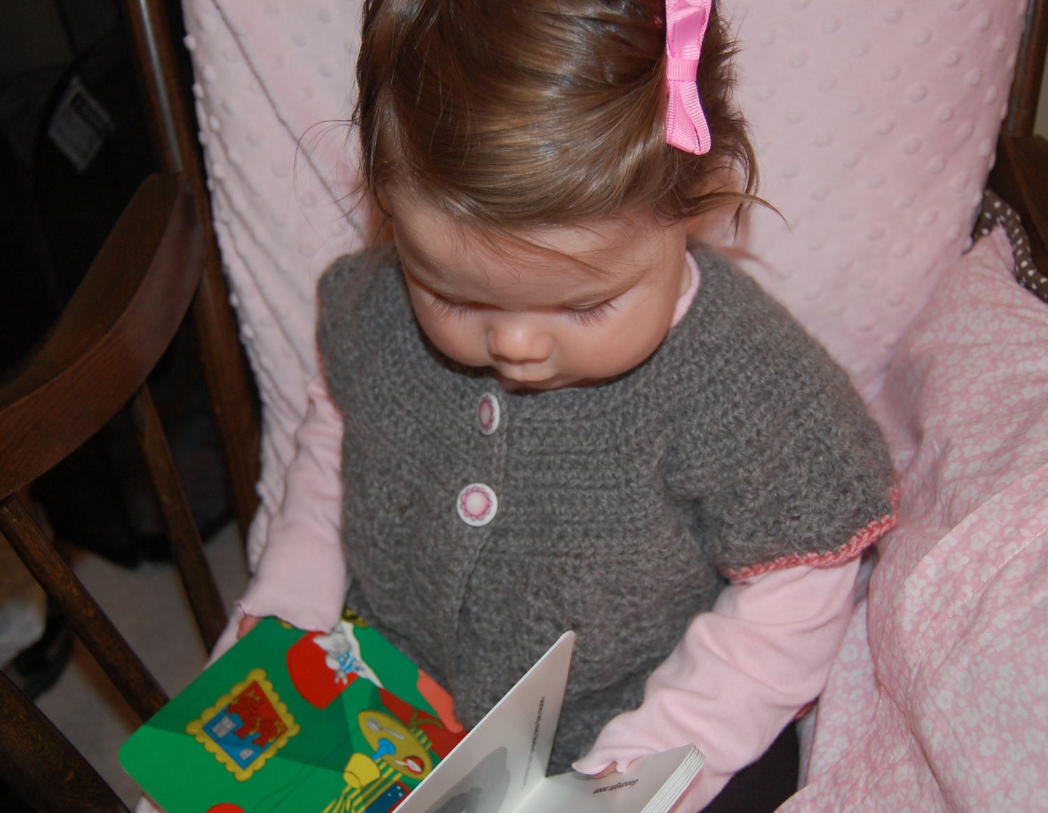 Baby Angel Sweater in Natural Alpaca Gray with Bell Sleeves and Pink Trim size 12-24 months