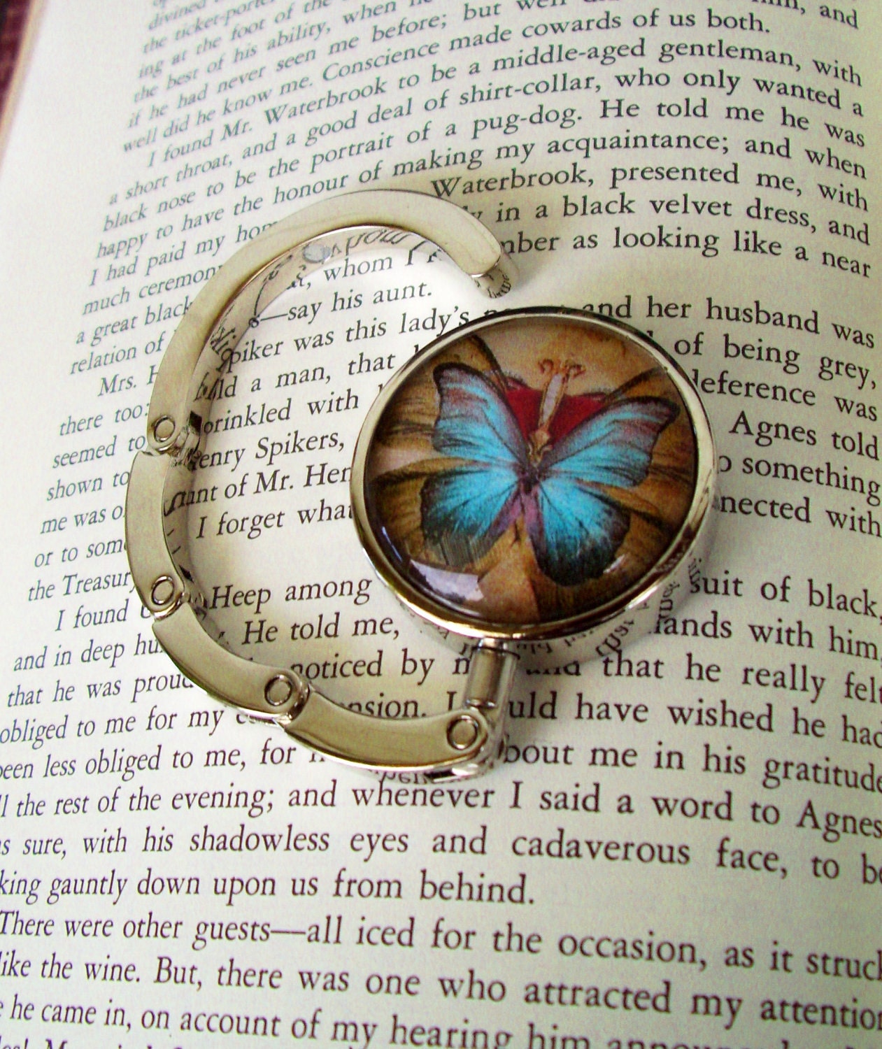Steampunk Bag/Purse or Hat Hanger (H53-3) - Vintage Artwork Under Glass - Victorian / Goth - Blue Butterfly