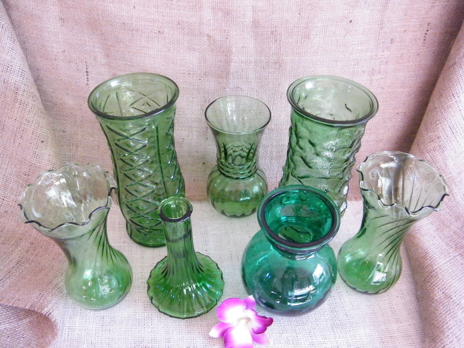 Set of 7 Vintage GREEN glass bud vases-Wedding Reception-Special Event-Instant Collection-Garden Theme Party- Vases