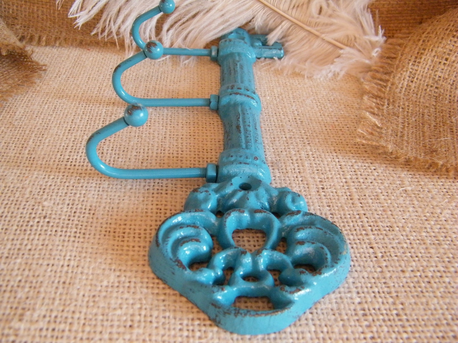 Wall Hook- Key Holder -Jewelry Holder- Deep Turquoise Blue-Skeleton Key -Housewarming gift -Cast Iron-Distressed Chippy