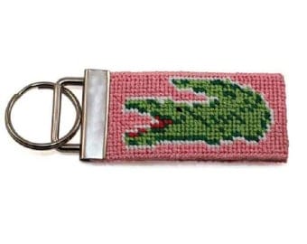 Needlepoint  Kit - Key Fob with Preppy Alligator - monogram option
