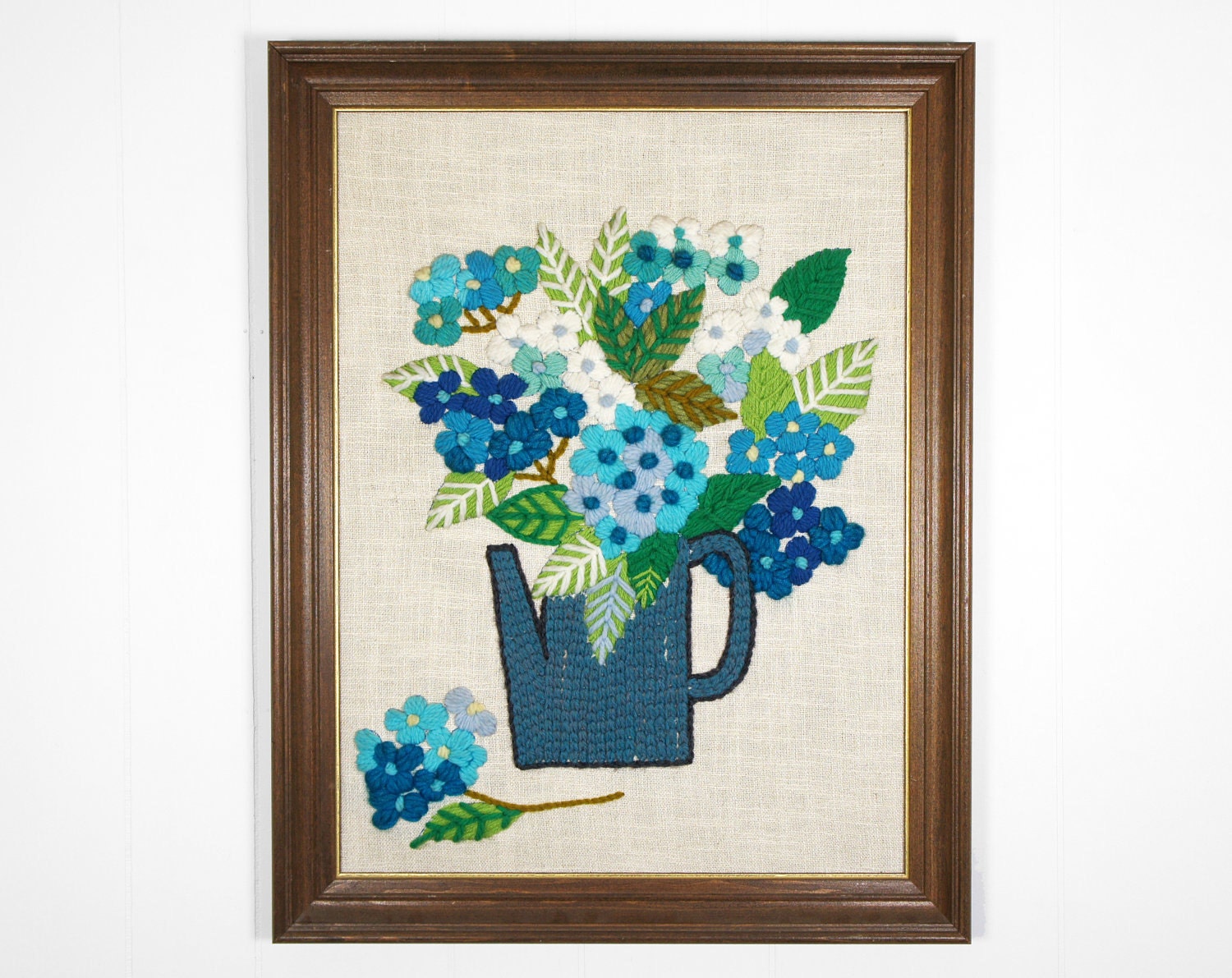 Vintage Framed Crewel Embroidery Art - Blue & Green Floral Arrangement in Watering Can