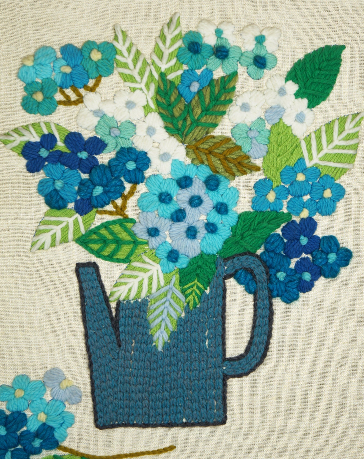 Vintage Framed Crewel Embroidery Art - Blue & Green Floral Arrangement in Watering Can