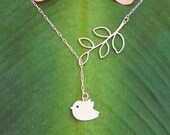 Silver Flying bird with branch lariat necklace, handmade jewelry
