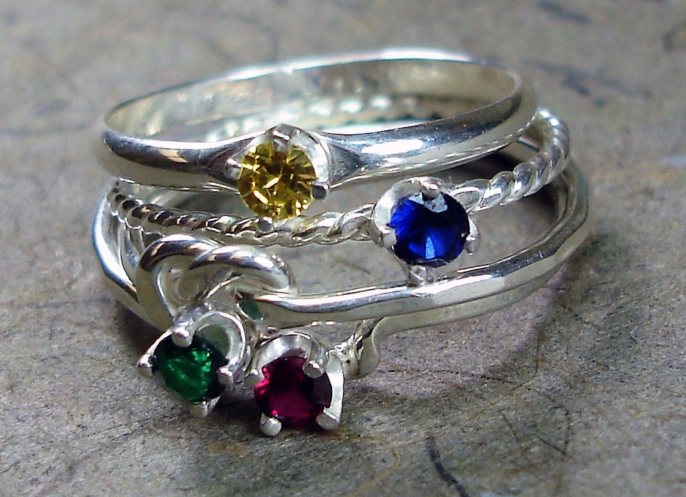 Stacked Rings Argentium Silver 3mm Cubic Zirconia CZ Birthstone - Mix and Match - Pick Your Own  Rings