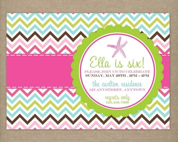 Custom Printable Pink and Lime Green Chevron Under the Sea Birthday Party Invitation Il_570xn