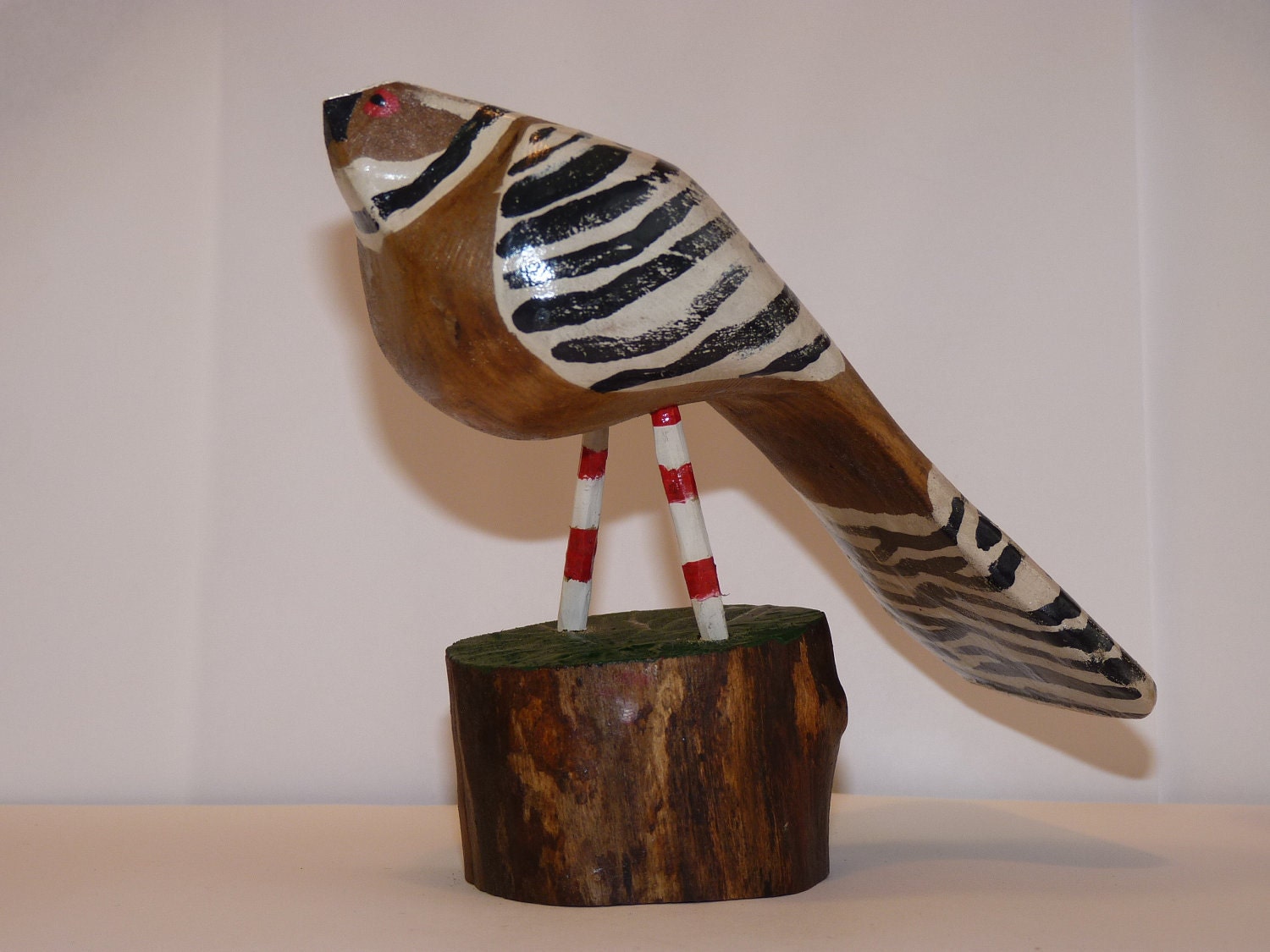 Rare Jungle Zebra Bird, Folk Art in a Primitive Style, Carved Sculpture