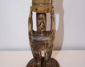 Wood Art Sculpture Bucket Man Primitive Folk Art  Wood Carving Simple , Rustic  Cabin Look, Wormy Maple