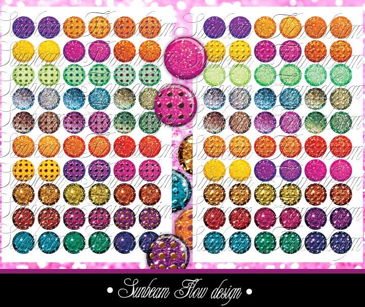 INSTANT DOWNLOAD - 0.5" mini Circles Glitter 07 polka dots rainbow pink yellow blue green Printable Bottle Cap Print Your Own Images DIY