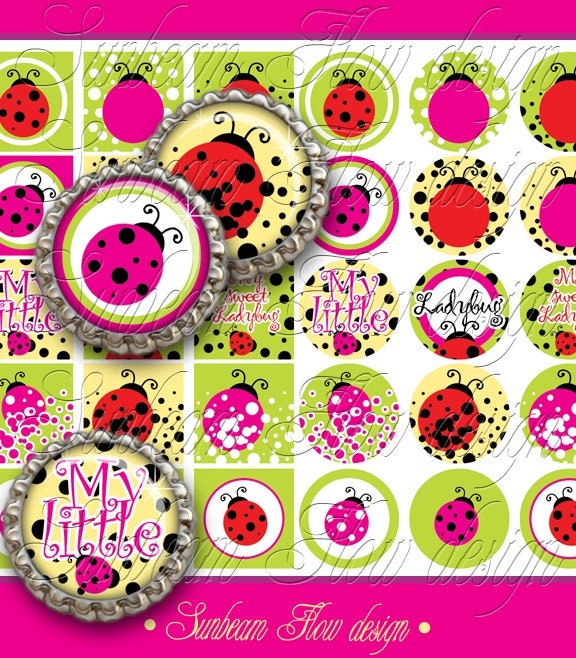 INSTANT DOWNLOAD - Sale 50% off 1" Circles & Squares Ladybug 02 Polka dots Bottle cap Hair bow center Glass Resin Sticker Print Your Own