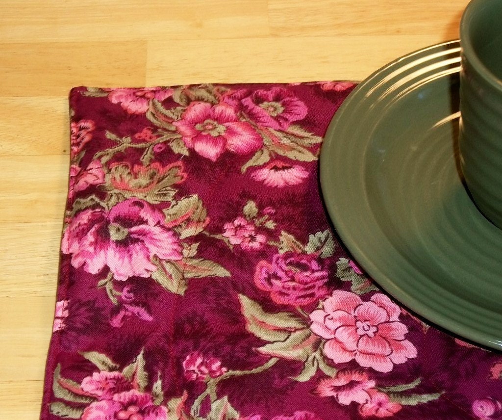 Placemats Rose Pink and Burgundy Flowers Set of Four