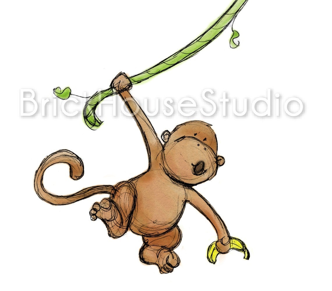 Nursery Wall Art - Monkey Swinging, 8x10 Illustration