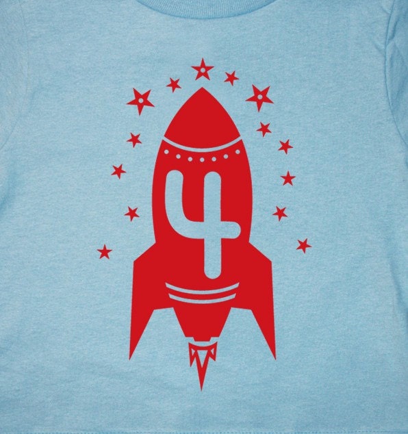 Fourth Birthday tshirt boys kids Happy 4th Party Red Rocket Art Print Short Sleeve 1st, 2nd, 3rd, 4th, 5th