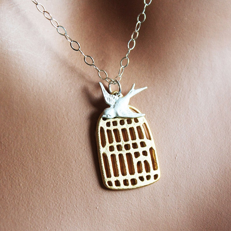 Gold Birdcage Necklace - 18k Gold Vermeil Bird Cage & Sterling Silver Sparrow Bird Charm on Sterling Chain ( Bird Lover Gift )