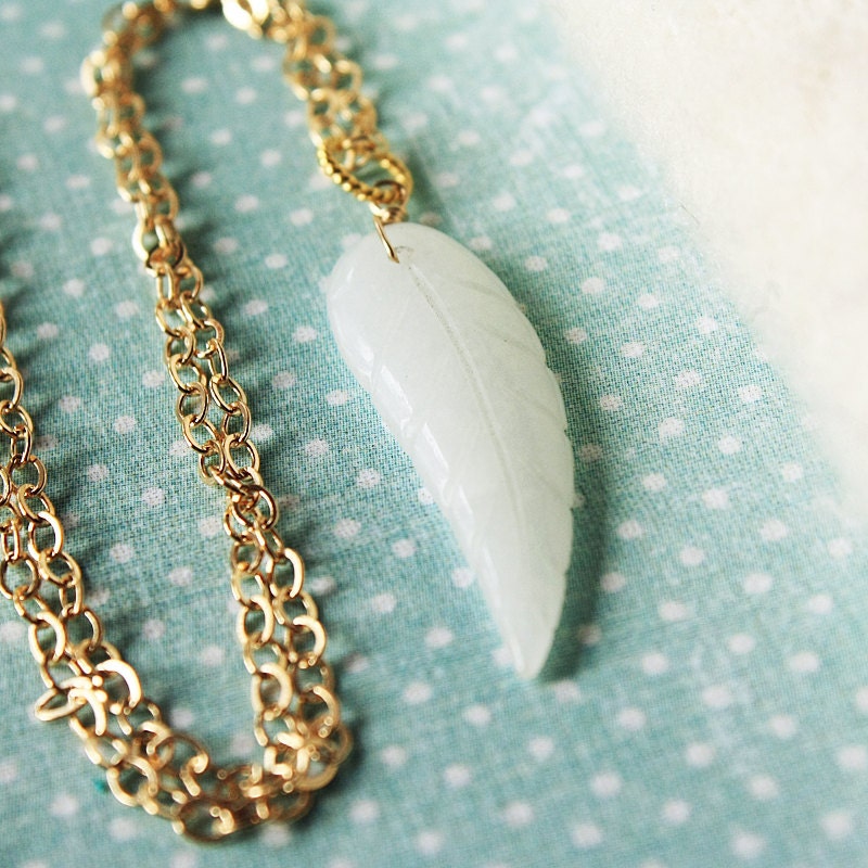 White Feather Necklace -  32 inch, 14k Gold Fill Chain & Quartz Gemstone - Adjustable Length - Birthday / Easter / Anniversary Gift