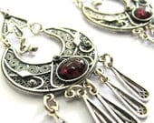 925 Sterling Silver Filigree Ethnic  Hoop Chandelier Earrings Decorated With Garnet Gemstones - Free Shipping ID1014