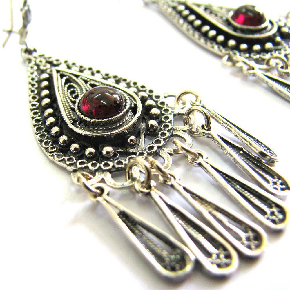 925 Sterling Silver Filigree Ethnic Drop Chandelier Earrings Decorated With Garnet Gemstones - Free Shipping ID77