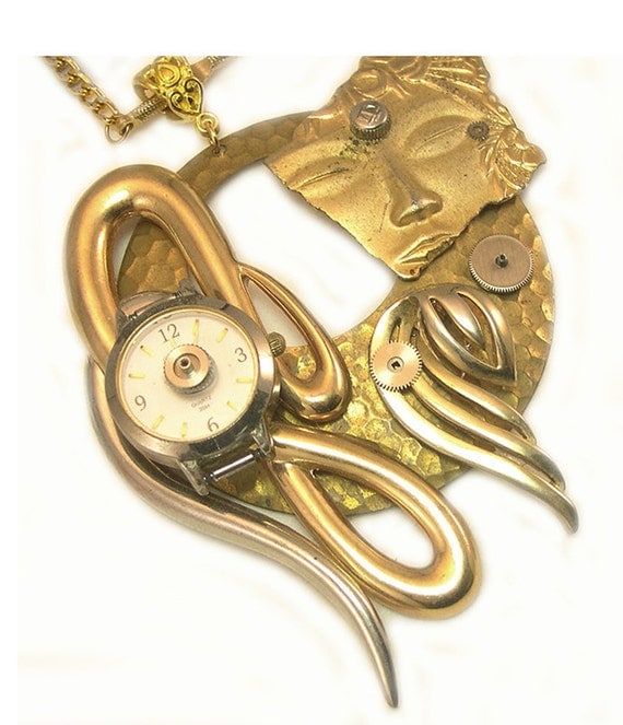 Mask Face Pendant, face necklace, mask pendant, gold, vintage jewelry, theatre, drama, upcycled, recycled, ooak, one of a kind