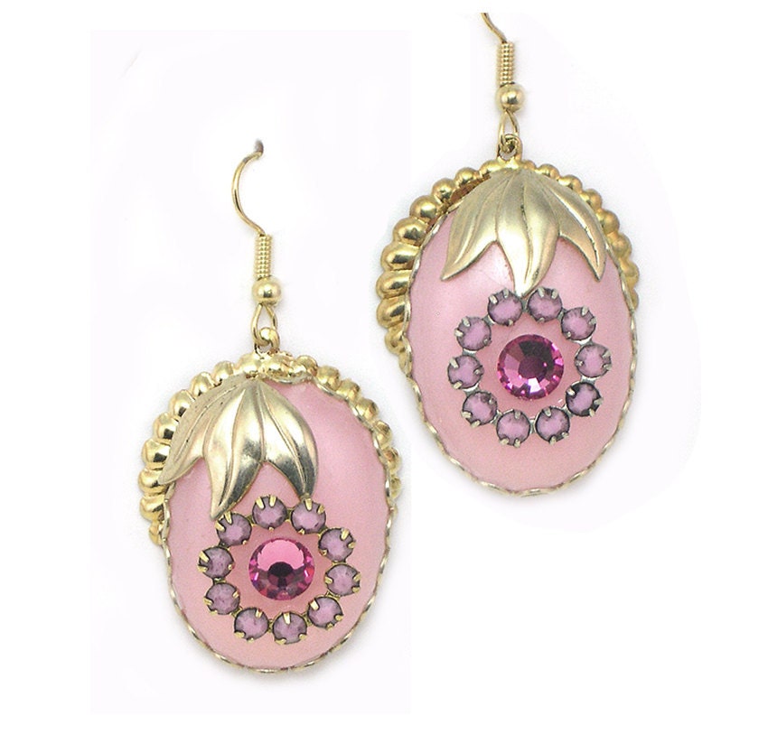 Dangle Pink Earrings, dangle earrings, upcycled, recycled, pink rhinestone, handmade, eco friendly, vintage, ooak, one of a kind earrings