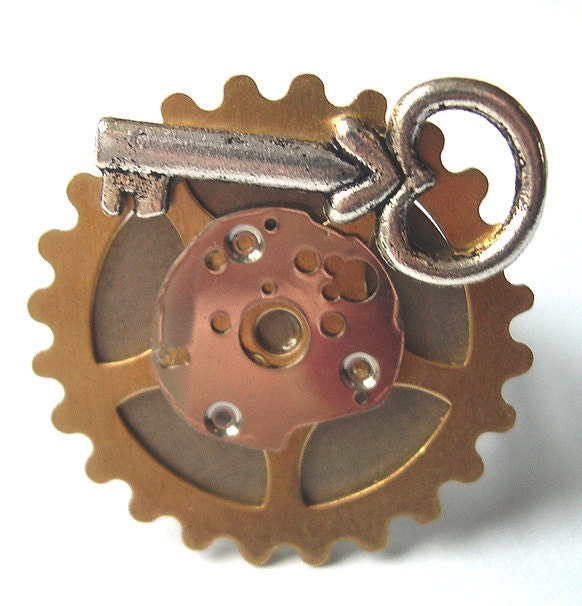 Steampunk Ring Jewelry, Steam Punk Ring Womens, statement, key ring, silver key, watch gears, gold, eco friendly, upcycled ring
