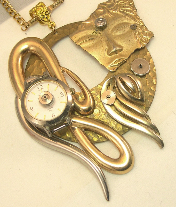 Mask Face Pendant, face necklace, mask pendant, gold, vintage jewelry, theatre, drama, upcycled, recycled, ooak, one of a kind