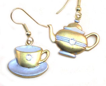 Dangle Tea Earrings, Teacup Upcycled Earrings, Charm Earrings, Tea cup, tea time, teapot, dangly, handmade
