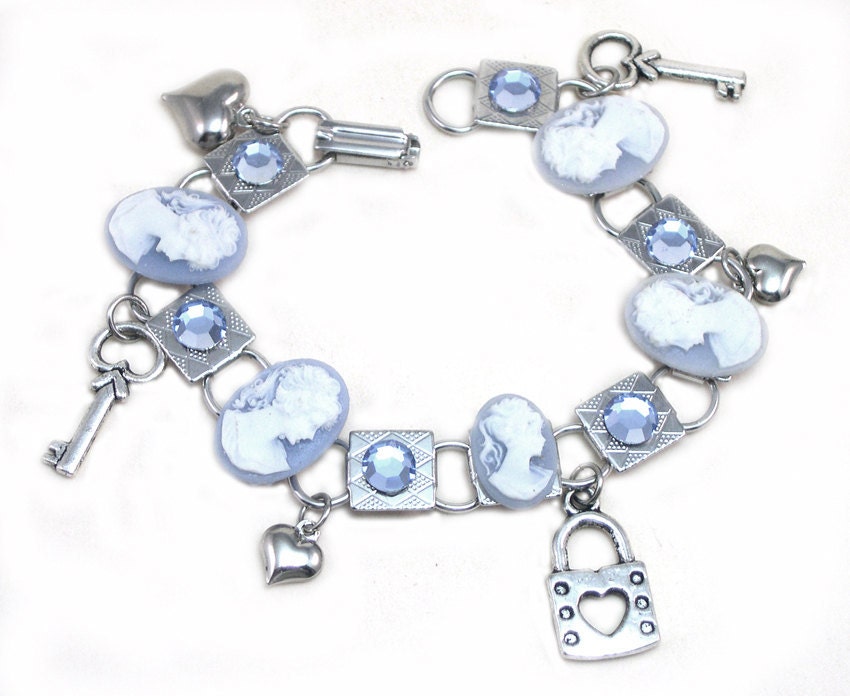 Blue Cameo Charm Bracelet, charm bracelet, blue cameo charms, upcycled, denim, blue cameos, one of a kind charm bracelet, ooak